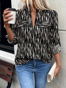 SHEIN LUNE Women's Casual All-Over Print Roll-Up Sleeve Blouse, Spring Autumn - Black - View 3