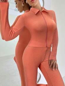 VaVaBold Women's Knitted Orange Casual Two-Piece Set - Orange - View 5