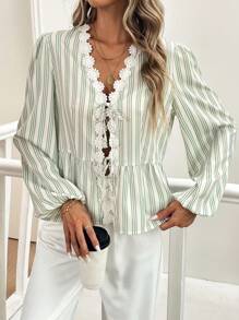 SHEIN LUNE 女式秋季 V 领花卉荷叶边蝴蝶结条纹长袖衬衫 - 彩色 - 查看 6