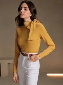 Anewsta Women's Elegant Solid Color Bowknot Shoulder Design Pullover Sweater, Suitable For Autumn, Winter, Going Out, Leisure, Formal, Party, Fashionable, New Year, Christmas, Work, Graduation, Wedding