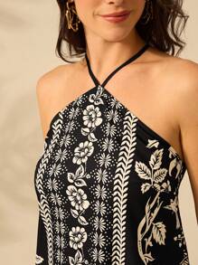 CAJUNI Women's Holiday Casual Summer Bohemian Tropical Plant Floral Black And Beige Print Thin Belt Back Cross Short Dress