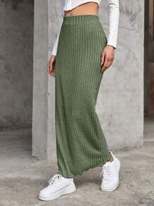 Muchica 黑色中长裙 生菜边饰罗纹针织半身裙 - 橄欖綠 - 查看 5