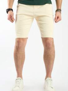 Manfinity Homme Quần short denim dáng ôm màu trơn thường ngày cỡ lớn cho nam, quần đùi, mùa hè - Màu be - Xem 4