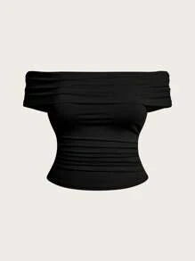 Sweetra 大码女式纯色褶皱露肩 T 恤，夏季