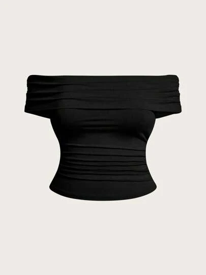 Sweetra 大码女式纯色褶皱露肩 T 恤，夏季