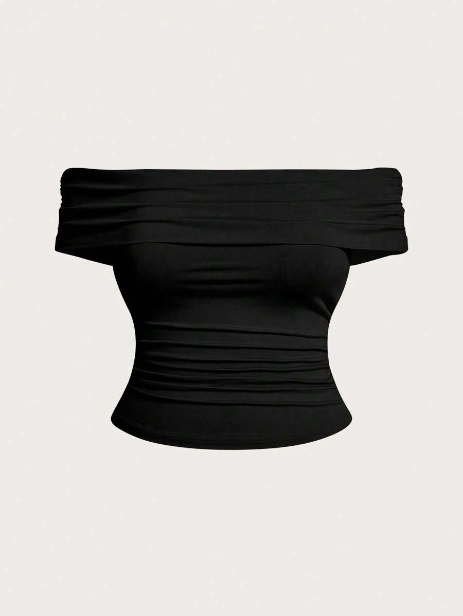 Sweetra 大码女式纯色褶皱露肩 T 恤，夏季