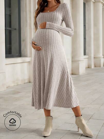 SHEIN 孕妇纯色圆领罗纹针织长袖连衣裙