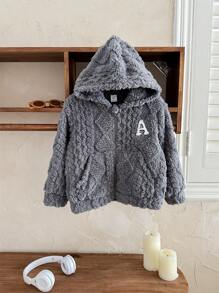SHEIN Young Boys Casual Comfy Plush Textured Letter Embroidery Zip-Up Warm Hooded Fleece Jacket Outerwear For Fall/Winter