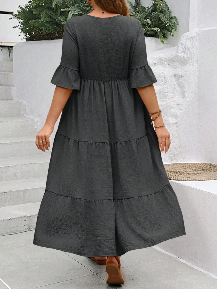 Plus Size Women's Deep V-Neck Ruffle Sleeve Multi-Tiered Hem Long Yellow Dress For Summer