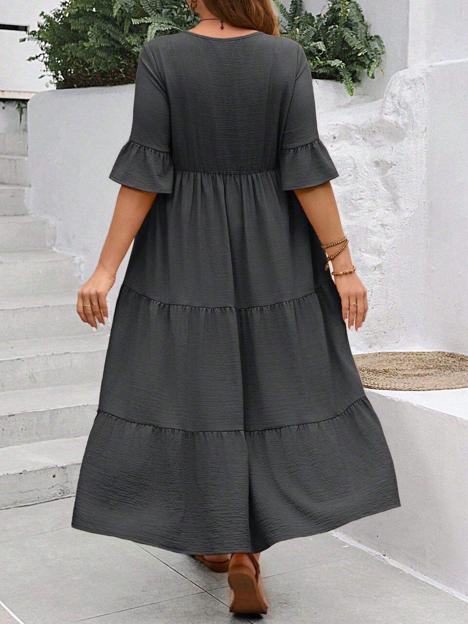 Plus Size Women's Deep V-Neck Ruffle Sleeve Multi-Tiered Hem Long Yellow Dress For Summer