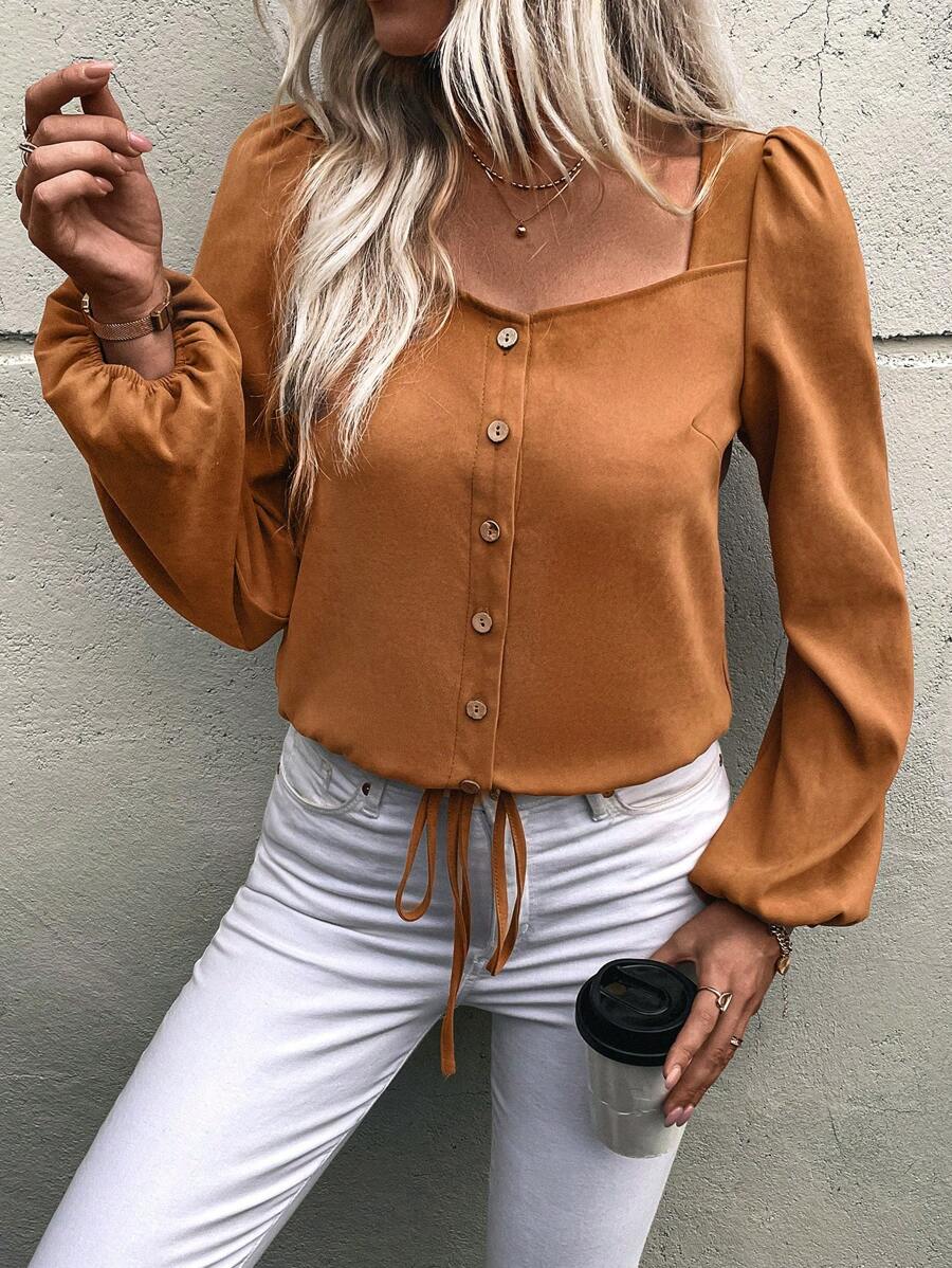 SHEIN LUNE Áo sơ mi tay phồng màu trơn thường ngày cho nữ, mùa xuân/thu - Màu Khaki - Xem 1