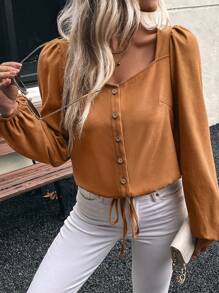 SHEIN LUNE Áo sơ mi tay phồng màu trơn thường ngày cho nữ, mùa xuân/thu - Màu Khaki - Xem 4