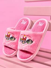 THE POWERPUFF GIRLS X SHEIN 女士可爱花朵、泡泡、毛茛刺绣露趾毛绒家居拖鞋，适合新年、春季、春假、复活节、情人节、冬季等场合，Y2K - 淺粉色 - 查看 5