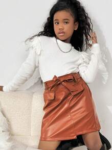 SHEIN 2 件套女童（大）优雅羽毛装饰针织毛衣上衣和不对称下摆 PU 裙子，2024 年秋冬 - 彩色 - 查看 1