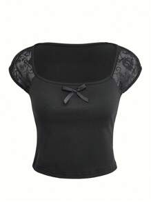 SHEIN LUNE Camiseta corta de mujer con mangas de encaje negro y parches