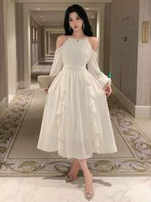 DAZY Đầm dài tay màu trơn dành cho nữ, cổ bèo nhún, khoét eo, thanh lịch, thích hợp cho sinh nhật, đêm giao thừa, dạ hội, trang phục mùa thu, trang phục đi học. - trắng - Xem 8