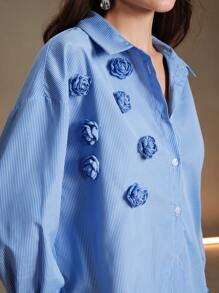 Anewsta 女士优雅条纹 3D 花卉装饰宽松衬衫、长袖上衣