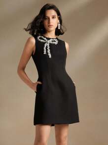 Anewsta Vestido negro de línea A sin mangas con lazo bordado elegante