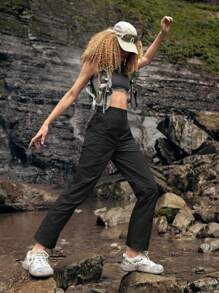 In My Nature Pantalones de diseño casual con botones, de moda, a juego con todo, para uso al aire libre, para mujeres - Negro - Ver 6