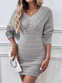 SHEIN LUNE Váy len dệt kim dáng rộng thông thường mới, thời trang & đa năng, phong cách Âu Mỹ - Xám - Xem 5