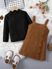 SHEIN 年轻女孩的学校/办公室纯色领衬衫和围裙两件套，春季/秋季 - 彩色 - 查看 3