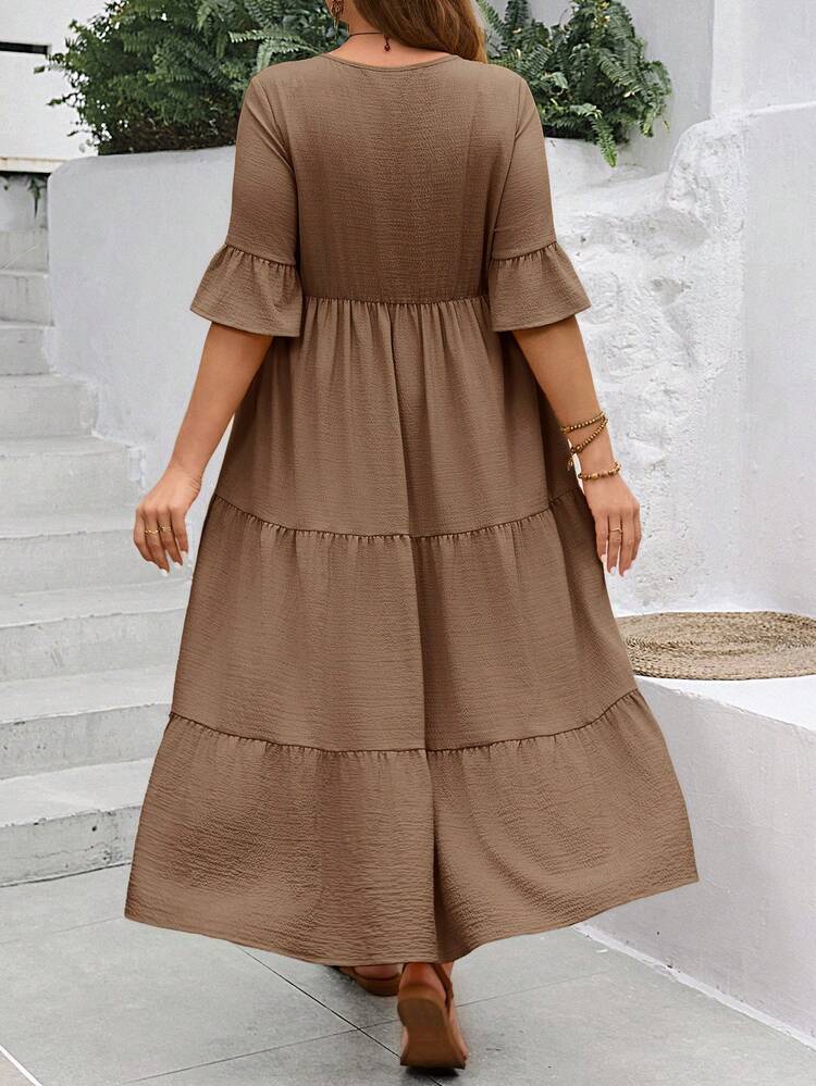 Plus Size Women's Deep V-Neck Ruffle Sleeve Multi-Tiered Hem Long Yellow Dress For Summer