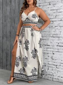 SHEIN VCAY 2 件套大码休闲花卉印花缎面衬衫套装