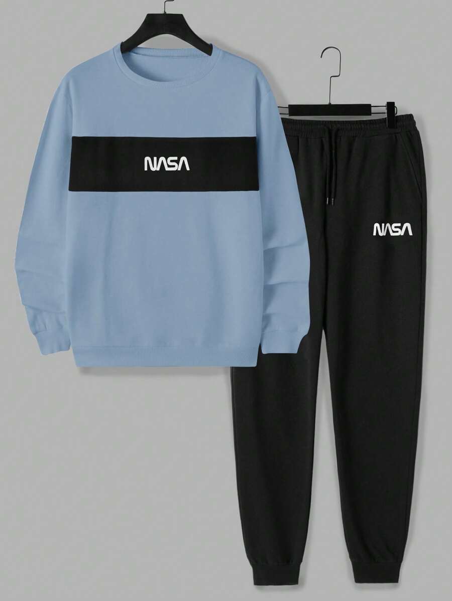 RueChic Men's Letter Printed Sweatshirt With Drawstring Waist Jogger Pants 2pcs/Set - Blue - View 1