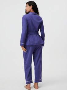 LUVLETTE 秋冬季柔软舒适100%纯棉基础款女士睡衣套装，长袖系带上衣和裤子，女士家居服套装，秋季睡衣 - 藍色 - 查看 5