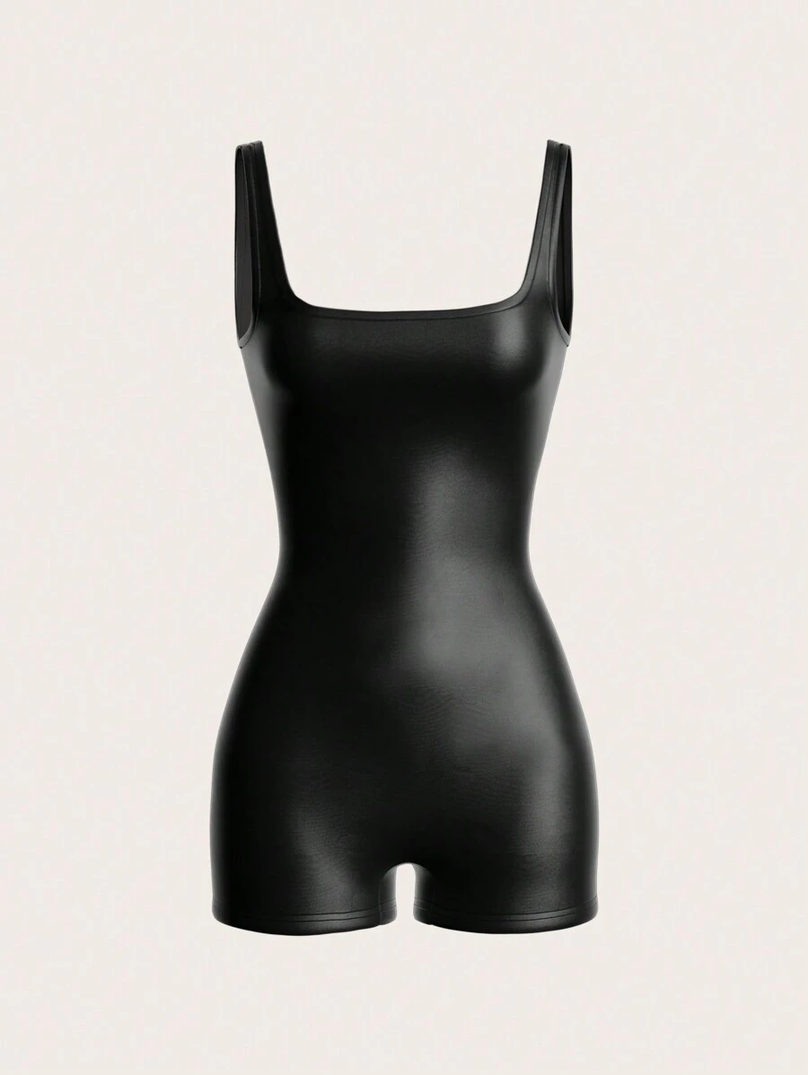 SHEIN EZwear 女士弹力皮革紧身连身裤 - 黑色 - 查看 1