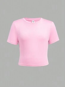 SHEIN Girlism 4pcs Tween Girls Casual Round Neck Solid Color Comfortable Short Sleeve T-Shirts - Grey - View 3