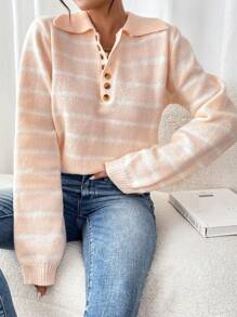 SHEIN LUNE 女士撞色条纹宽松套头针织毛衣，秋冬季 - 杏色 - 查看 6