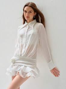 Enchnt Robe longue à manches longues avec boutons devant, application florale et volants, couleur unie pour femme