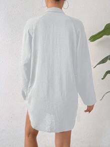 SHEIN Unity Summer Ladies Solid Color Roll-Up Sleeve Open Front Shirt - White - View 2