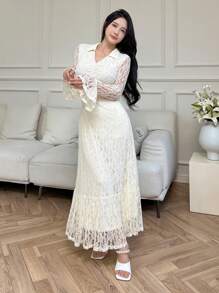 Modelyn 女士纯色撞色蕾丝长款晚礼服 - 杏色 - 查看 6