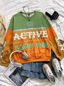 Soleia Women's Vacation Style Color Block Letter Embroidery Decorated Casual Sweatshirt, Suitable For Early Autumn, Race, Graduation, Back To School Season - Multicolor - View 2