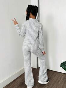 SHEIN Tween Girls Knitted Solid Color Long Sleeve Cardigan And Leggings Casual Set - Grey - View 2