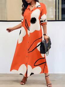 EMERY ROSE Plus Size Allover Random Print Long Sleeve Loose Casual Chic Dress Maxi Women Outfit Fall Cloth For Women - Orange - View 3