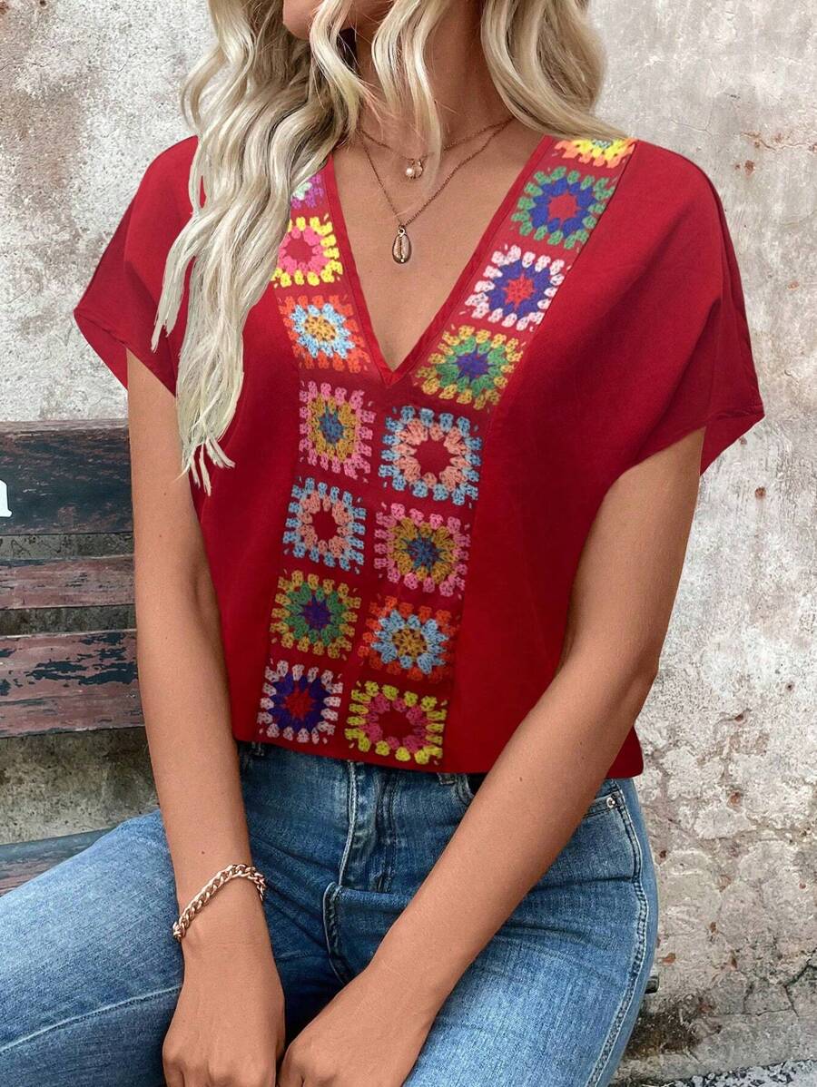 EMERY ROSE 女式 V 领短袖蝙蝠翼刺绣休闲衬衫新年衣服 - 紅色 - 查看 1
