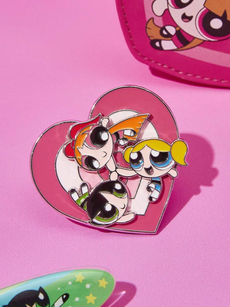 THE POWERPUFF GIRLS X SHEIN Cartoon Heart Shaped Pink Alloy Enamel Pin, 360° Rotatable, Fun & Cute