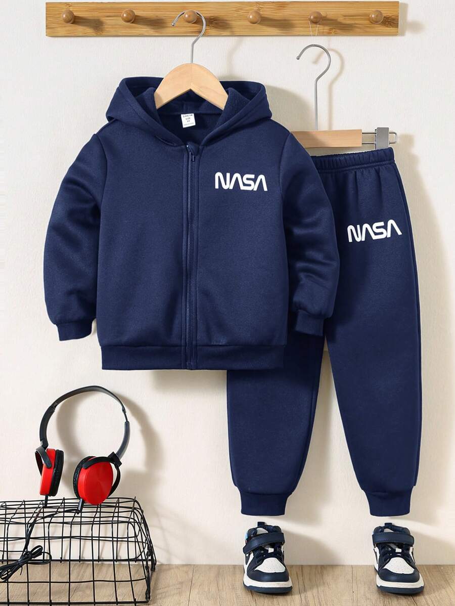 2pcs Young Boys Casual Collegiate Solid Color Versatile Letter Print Hoodie Sweatshirt And Elastic Waist Solid Color Versatile Pants Set, Fleece Thickened For Autumn/Winter - Blue - View 1