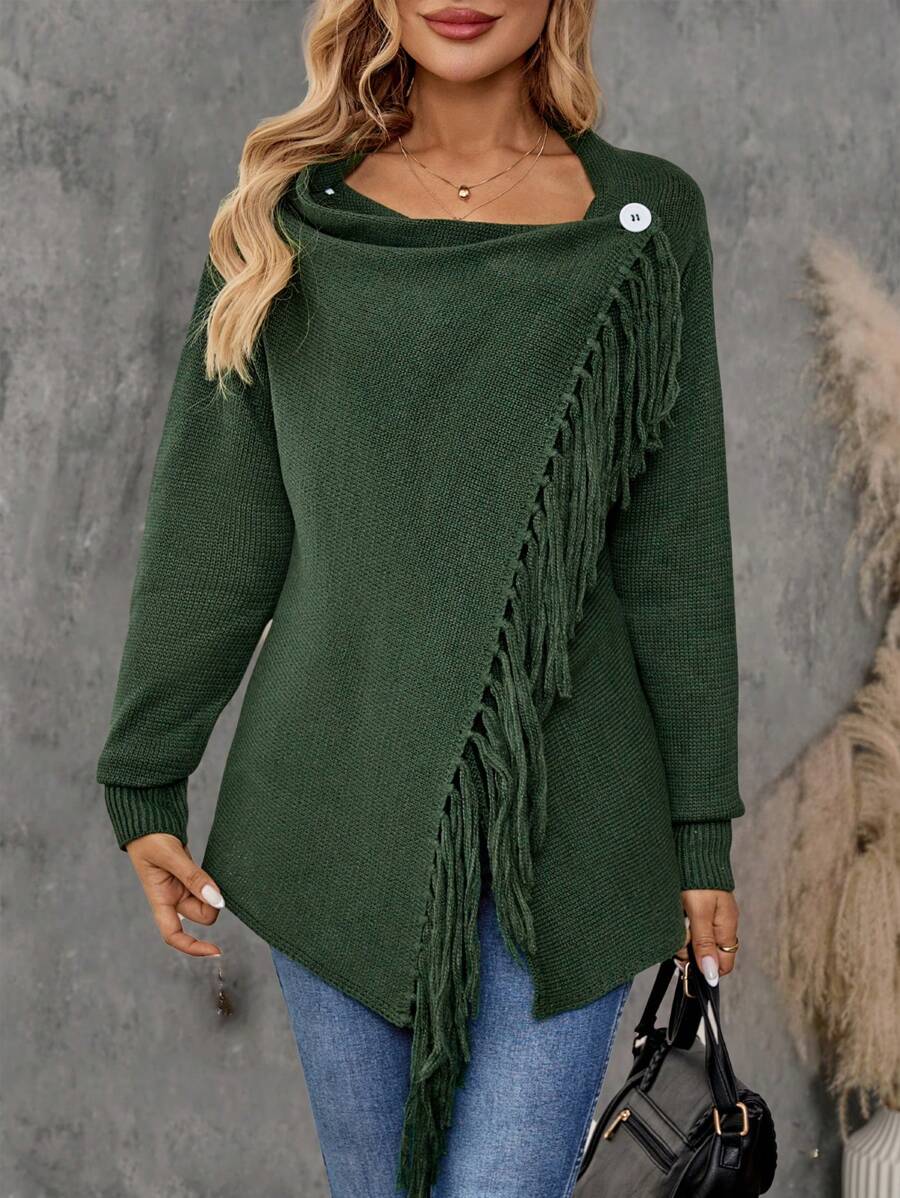 EMERY ROSE Solid Color Draped Neck Fringe Decorated Long Sleeve Sweater - Army Green - View 1
