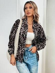Chiquease Women's Regular Leopard Print Long Sleeve Baseball Jacket With Hem Drawstring - Multicolor - View 4