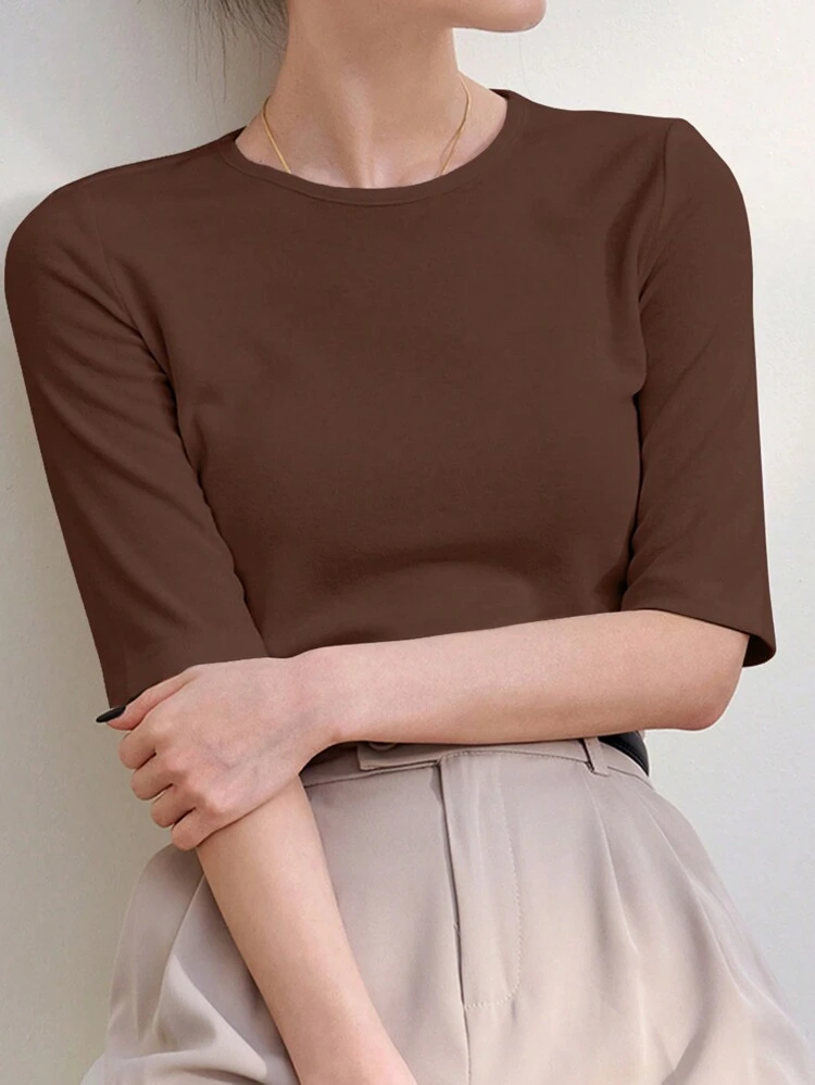 Women Summer Solid Color Crew Neck Casual Basic Short Sleeve T-Shirt Business Casual Women