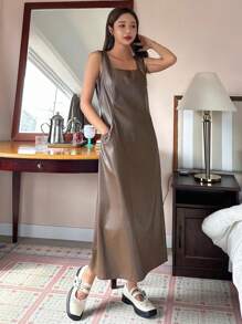DAZY 女士无袖纯色连衣裙，简约休闲 - 棕色 - 查看 1