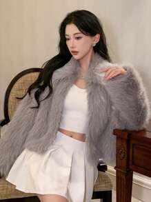 DAZY Abrigo acolchado corto y regular con cuello esponjoso, elegante y cálido para mujer, chaqueta de invierno para mujer, ropa de mujer de otoño