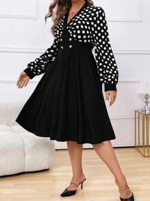 Celure Plus Size V-Neck Contrast Color Polka Dot Patchwork Waist Cinched Printed Metal Button Decor Dress
