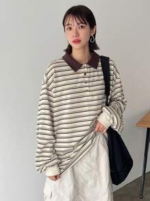 FRIFUL 女士宽松条纹 Polo 领长袖休闲 T 恤，春夏、秋季服装 - 彩色 - 查看 4