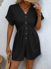 SHEIN Clasi Women Solid Color Simple Daily Short-Sleeved Jumpsuit - Black - View 6