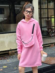 SHEIN Girls Oversized Hoodie Dress, Casual American College Style Pullover Sweatshirt With Backpack Decoration, Autumn
